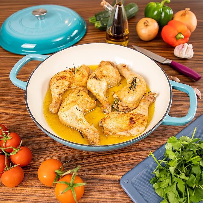 Cast Iron Dutch Oven with Lid – Non Stick Shallow Dutch Oven Pot, Oven Safe up to 500° F – Sturdy Cooking Pot – Enamelled Stockpot Cookware – Blue, 3.7-Quart, 30cm – by Nuovva