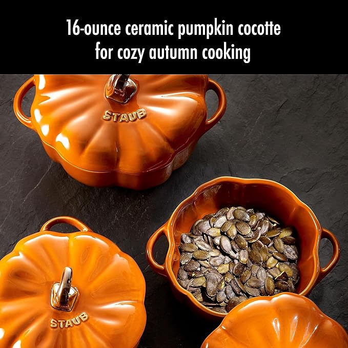 STAUB 0.5-qt Petite Ceramic, Oven & Stove Safe up to 572°F, Pumpkin Dish, Baking , Candy Dish, Burnt Orange