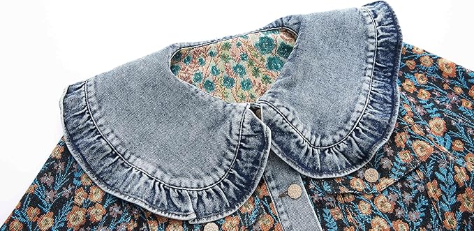 Xaspee Womens Peter Pan Collar Cropped Jean Jacket Embroidered Jacquard Long Sleeve Casual Floral Denim Jackets Coat