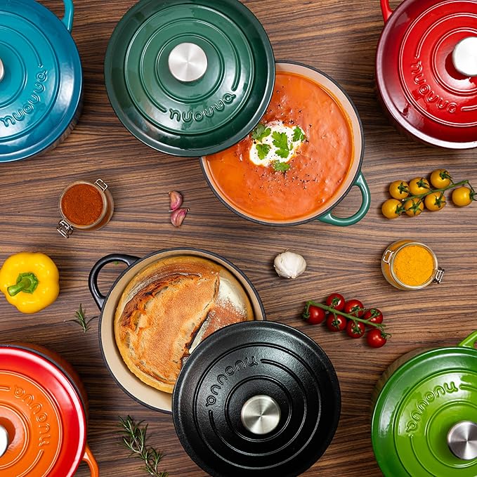 Shallow Cast Iron Casserole with Lid – Non Stick Dutch Oven Pot, Oven Safe up to 500° F – Sturdy Ovenproof Stockpot Cookware – Enamelled Cooking Pot – Teal, 5-Quart, 32cm – by Nuovva