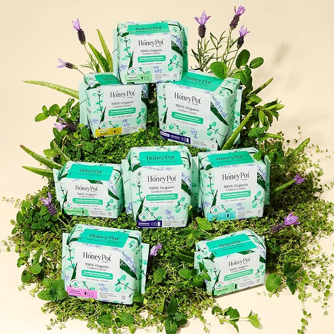 The Honey Pot Company - Herbal Sanitary Pads for Women - Heavy Flow Overnight w/Wings - Infused w/Essential Oils for Cooling Effect & Organic Cotton Cover - Feminine Care - 11 ct
