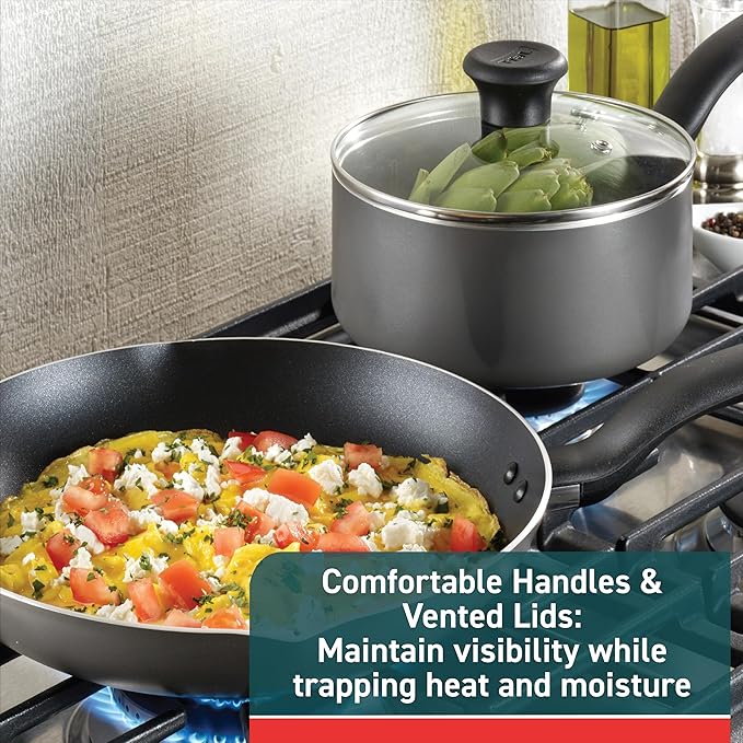 T-Fal Initiatives Non Stick Fry Pan 2 Piece Set, 8.5, 10 Inch, Oven Broiler Safe 350F, Cookware, Kitchen Cooking Set, Skillets, Frying Pans, Egg Pan, Omelet Pan, Pots and Pans, Dishwasher Safe, Black