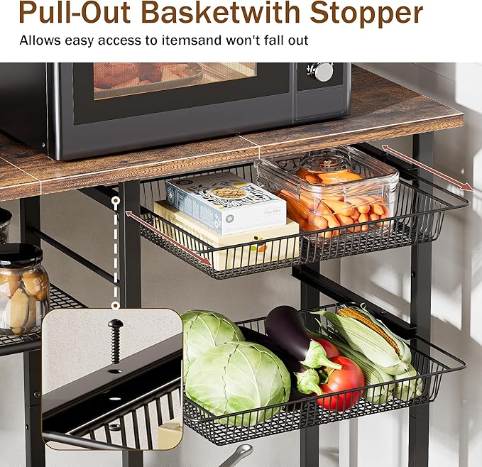 Kitchen Bakers Rack,Microwave Stand with Storge 3-Tier,Coffee Bar Station,6 S-Shaped Hook,Kitchen Storage Shelf,33.7D x 14.9W x 29.9H Inches,Rustic Brown