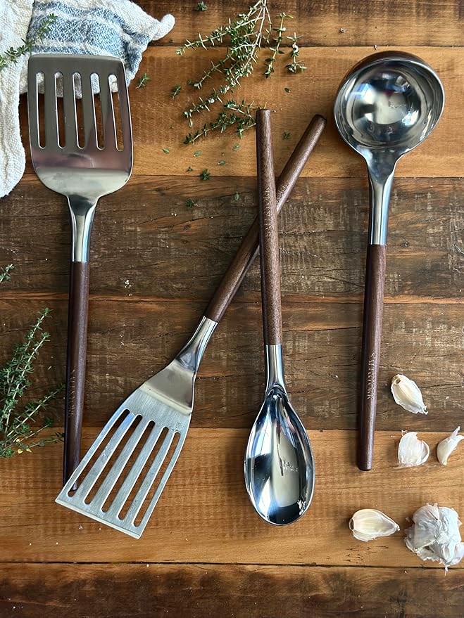 Salt & York 4-Piece Stainless Steel Cooking Utensil Set – Handcrafted Walnut Wood Handles, Mirror-Polished 18/8 Steel – Durable, Heat-Resistant Kitchen Tools & Premium Gift for Home Cooks
