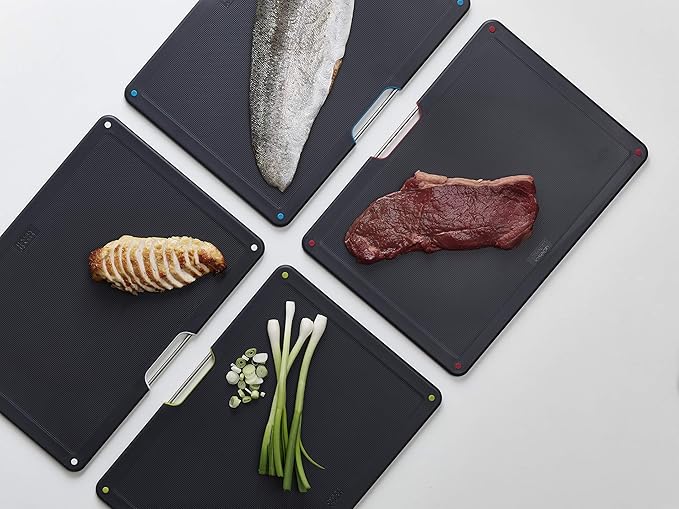 Joseph Joseph Folio 4-Piece Colour coded Cutting Board Set, Stainless Steel Slimline case for organized Kitchen storage, Silver