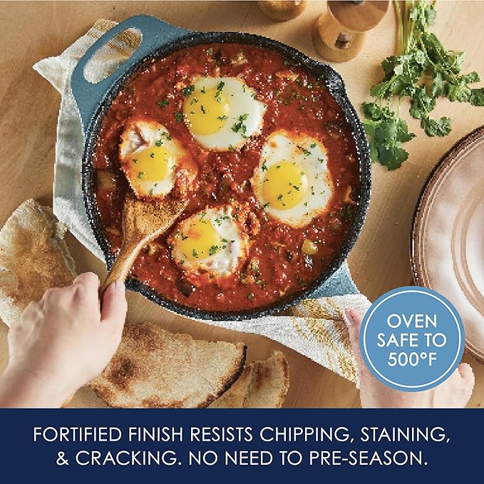 Rachael Ray NITRO Cast Iron Fryin Pan/Skillet with Helper Handle and Pour Spouts, 12 Inch - Agave Blue