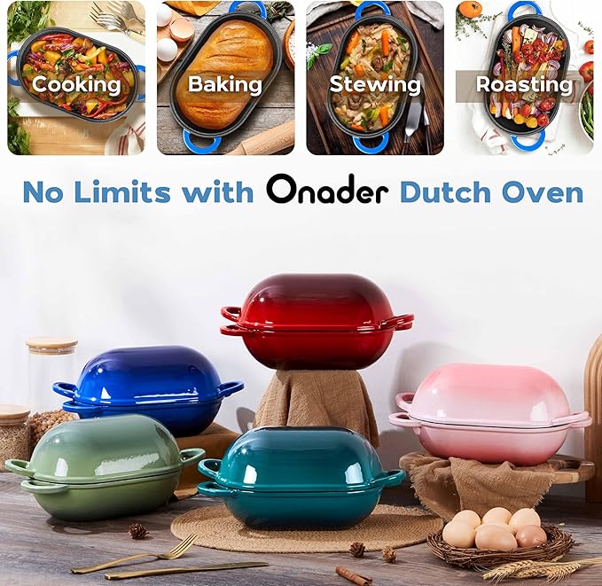 Onader Enameled Cast Iron Oval Dutch Oven Pot with Lid, 2.8QT Dutch Oven for Sourdough Bread Baking, Cast Iron Bread Pan, 9x5-1/2 Inch Loaf Meatloaf Pan, Heavy Duty - Blue