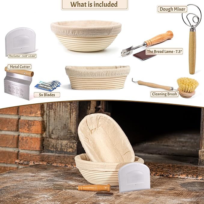 Banneton Bread Proofing Basket Set – 9” Round & 10” Oval Natural Rattan Baskets with Linen Liners, Bread Lame & Dough Scraper – Artisan Baking Tools for Experienced Sourdough Bakers