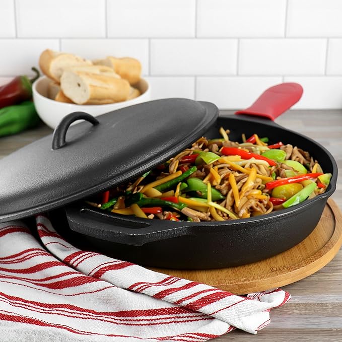Megachef 12 Inch Pre-Seasoned Cast Iron Skillet with Cast Iron Lid