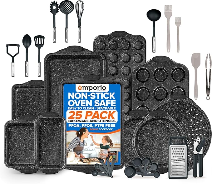 Baking Pan Set - Nonstick Coating, Carbon Steel Bakeware Set with Gray Silicone Handles, PFOA, PFOS, PTFE Free, Recipe Booklet Included, Oven Safe Tray (Up To 450° F), Set of 25 - Gray
