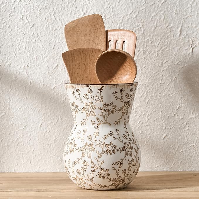 JIEMEI HOME Kitchen Utensil Holder, 7.56" Ceramic Large Rustic Utensil Crock for Countertop, Farmhouse Cooking Tool Organizer, Spatula Holder For Kitchen Decor, Brown Floral