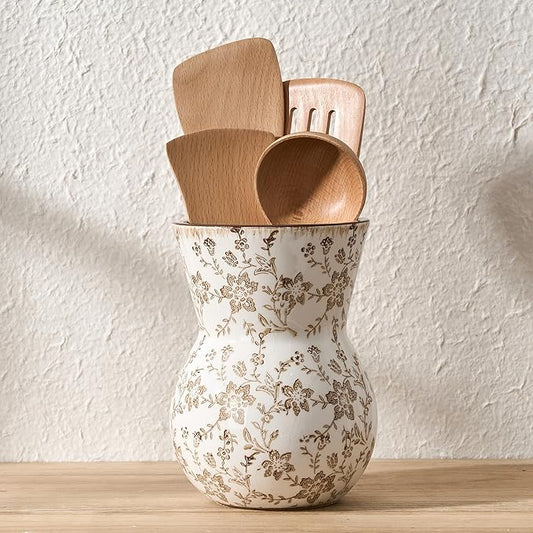 JIEMEI HOME Kitchen Utensil Holder, 7.56" Ceramic Large Rustic Utensil Crock for Countertop, Farmhouse Cooking Tool Organizer, Spatula Holder For Kitchen Decor, Brown Floral