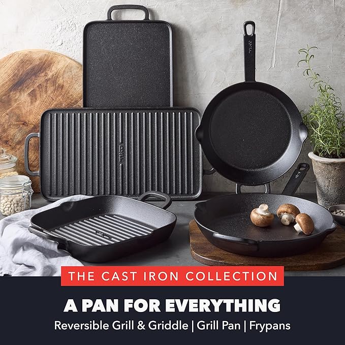 GreenPan x Bobby Flay 8” Cast Iron Pre-Seasoned Skillet with Helper Handle, Professional Grade Heavy Duty, Induction Suitable, Versatile Stovetop, Oven, BBQ, Fire & Grill, Indoor & Outdoor Use, Black