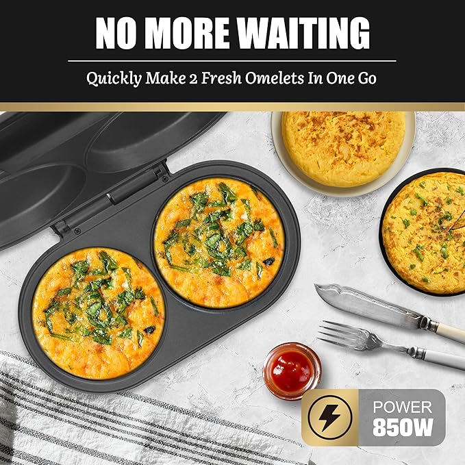 Omelette Maker Electric, Omelette Pan Nonstick, Dual Omelette Makers with 2 x 4.75” Round Grooves, Egg Bite Maker, Electric Double Egg Pan, Mini Pancake Maker, Breakfast Sandwich Maker, Black
