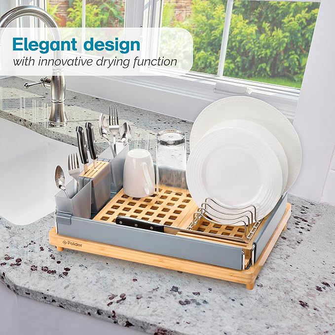 Polder Harmony Dish Rack, Sturdy Dish Drying Rack with 2 Open-Pattern Drain Trays, Dish Racks for Kitchen Counter, Drying Rack for Kitchen Storage, 19.6" x 13.5" x 6.2", Gray