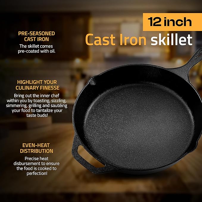 Utopia Kitchen Premium Cast Iron Skillets 12 Inch, Chef's Pan, Pre-Seasoned Frying Pan, Stovetop, Oven, Campfire and Grill Large Skillet, Even Heat Distribution Multipurpose Cast Iron Pan - Black