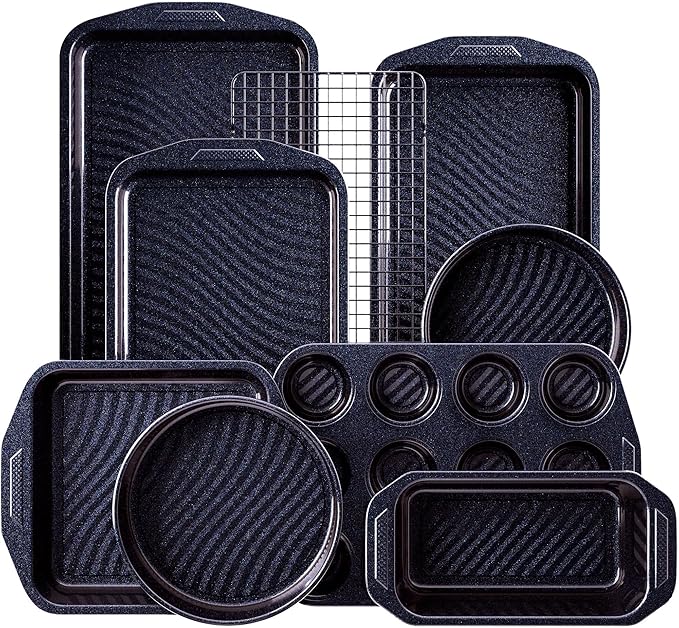 HONGBAKE 9-Piece Non Stick Baking Pans Set with Wave Texture for Reduced Oil, 0.8mm Thick Non Toxic Bakeware Sets, Includes Stackable Cookie Sheets for Oven Cooking, Cake Pan, Muffin Pan, Blue