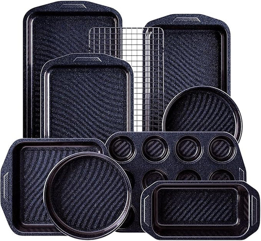 HONGBAKE 9-Piece Non Stick Baking Pans Set with Wave Texture for Reduced Oil, 0.8mm Thick Non Toxic Bakeware Sets, Includes Stackable Cookie Sheets for Oven Cooking, Cake Pan, Muffin Pan, Blue