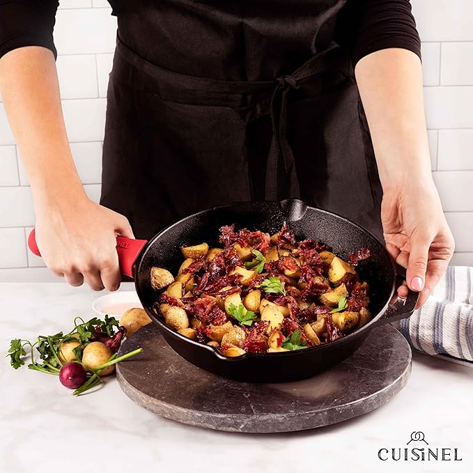 Cast Iron Skillet - 10"-Inch Frying Pan with Pour Spouts + Pan Scraper + Silicone Grip Handle Cover Holder - Pre-Seasoned Oven Cookware - Indoor/Outdoor Use - Stovetop, Induction. PFAS and PFOA-free