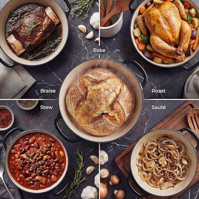 Zulay Kitchen 6.4 Quart Enameled Cast Iron Dutch Oven Pot with Lid – Premium Durability & Oven Safe up to 500°F – Heavy Duty Cookware Perfect for Bread Baking, Stews, Braising & Roasting - Black