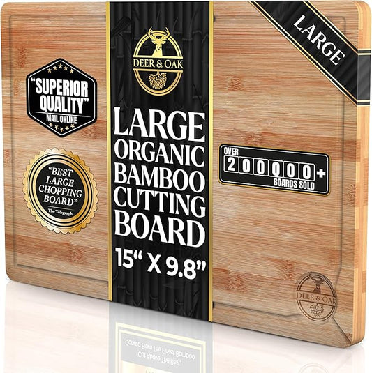 Deer & Oak Large Bamboo Chopping Board 38 x 25 x 2cm, Premium Wooden Kitchen Cutting Board for Meat & Vegetables, Pre-Oiled, Water Resistant, Knife-Friendly
