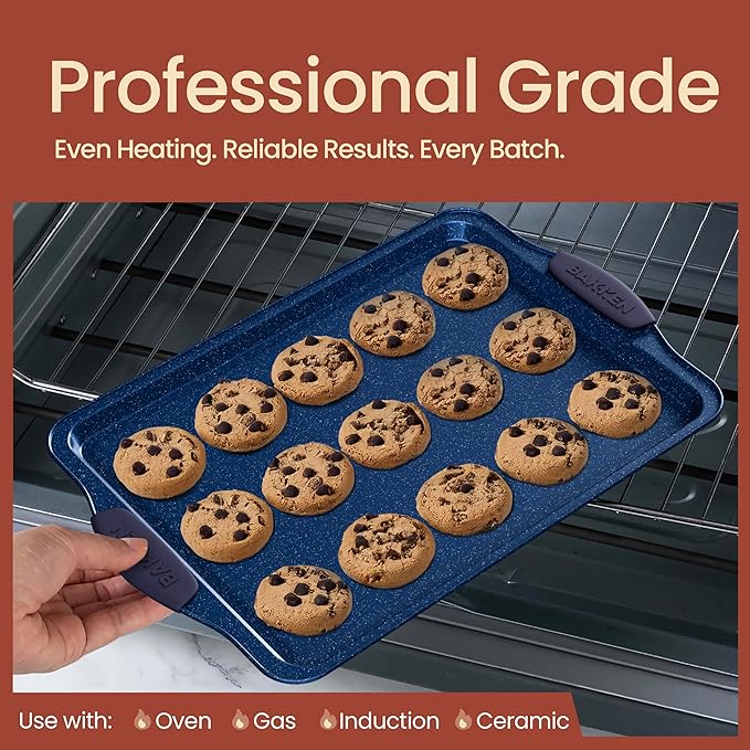 BAKKEN Kitchen Baking Pan Set - Nonstick Coating, Carbon Steel Bakeware Sets with Blue Silicone Handles, Baking Kitchen Essentials, PFOA, PFOS, PTFE Free, Oven Safe Tray (Up To 450° F), Set of 8