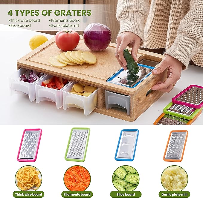 Bamboo Cutting Board with Containers, Lids, and Graters, Large Wood Cutting Board with Containers, Food Dropping Zone, Carving Board with Easy-grip Handle, Juice Groove