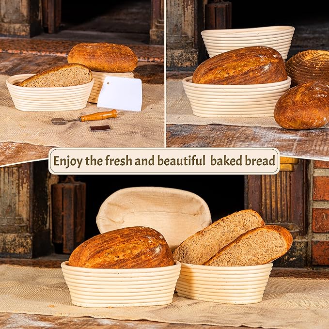 Sourdough Bread Baking Supplies Kit – Extra-Large 11” Oval Banneton Proofing Basket Set of 2 with Linen Liners, Bread Lame, Danish Whisk & Dough Scrapers – Ideal for Family-Size Loaves