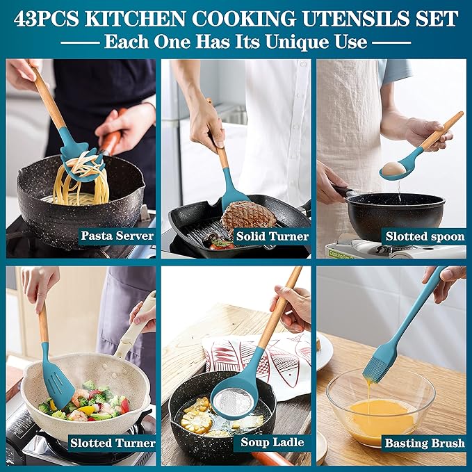 Silicone Cooking Utensils Set, 43Pcs Non-Stick Heat Resistant Kitchen Utensils Spatula Set with Wooden Handle for Baking, Cooking, and Mixing, Best Kitchen Gadgets Tools with Holder (Dark Blue)