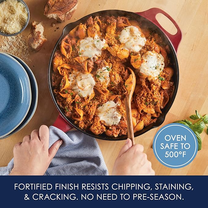 Rachael Ray NITRO Cast Iron Frying Pan/Skillet with Helper Handle and Pour Spouts, 12 Inch, Red
