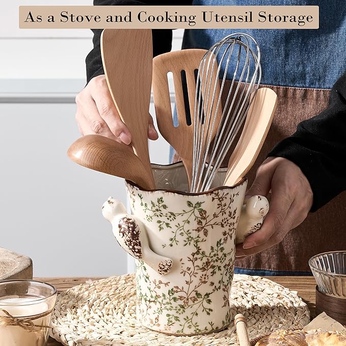 6.34“H Utensil Holder for Kitchen Counter, Modern Farmhouse Cooking Utensil Holder and Crock Home Kitchen Decor, Ceramic Utensil Organizer for Spatula, Ladle, Eggbeater, Rolling Pin- Green and Beige
