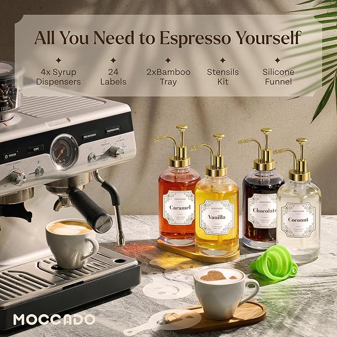 Glass Coffee Syrup Dispenser for Coffee Bar - Set of 4 Gold 500 ml / 16.9 oz Glass Syrup Bottles, Includes 2 Bamboo Trays, 16 Stencils, Labels, Coffee Bar Accessories