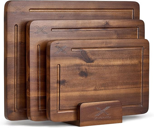 Acacia Wood Cutting Board Set of 3 (16 x 12/14 x 10/12 x 8), Walnut - 0.8 in Extra Thick Wooden Chopping Boards with Deep Juice Grooves - Non-Slip, Non-Toxic & Durable Boards for Meat & Vegetables