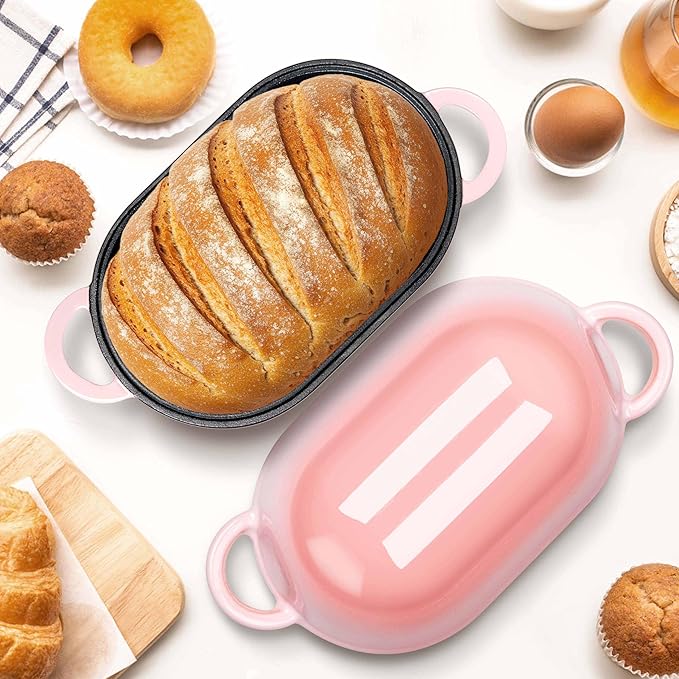 Homikit Enameled Cast Iron Dutch Oven for Bread Baking, 2.8 QT Oval Bread Oven Pot with Lid, 9.5 x 5.7 Inch Sourdough Loaf Baking Pan for Homemade Bread, Heavy Duty & Oven Safe, Pink
