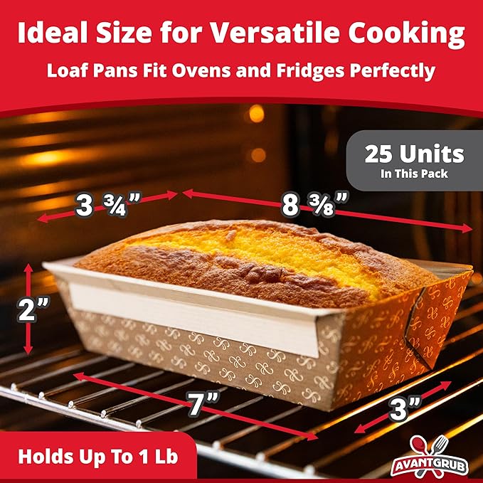 Chef-Grade 1Lb Paper Loaf Pans w/Lids 25 Pk. Elegant Disposable Bakeable Kraft Pan Supplies for Baking Bread, Small Meatloaf, Bundt Cake, Sweets for Holiday Gifts Bake Sales or Fundraiser.