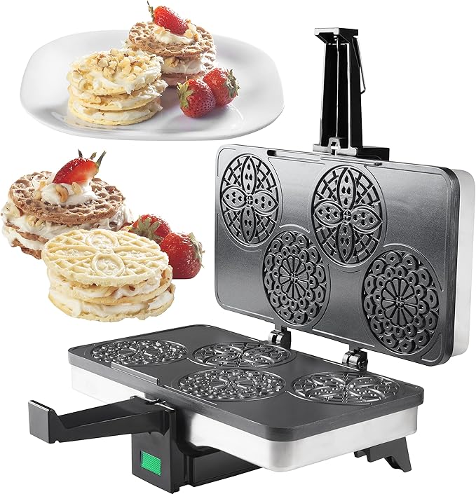 Piccolo Pizzelle Baker- Nonstick Electric Press Makes 4 Mini Cookies at Once, Even Heating- Fun Baking Machine w Recipe Guide, Supplies for Easter Brunch Party, Italian Waffle Dessert Treat Making