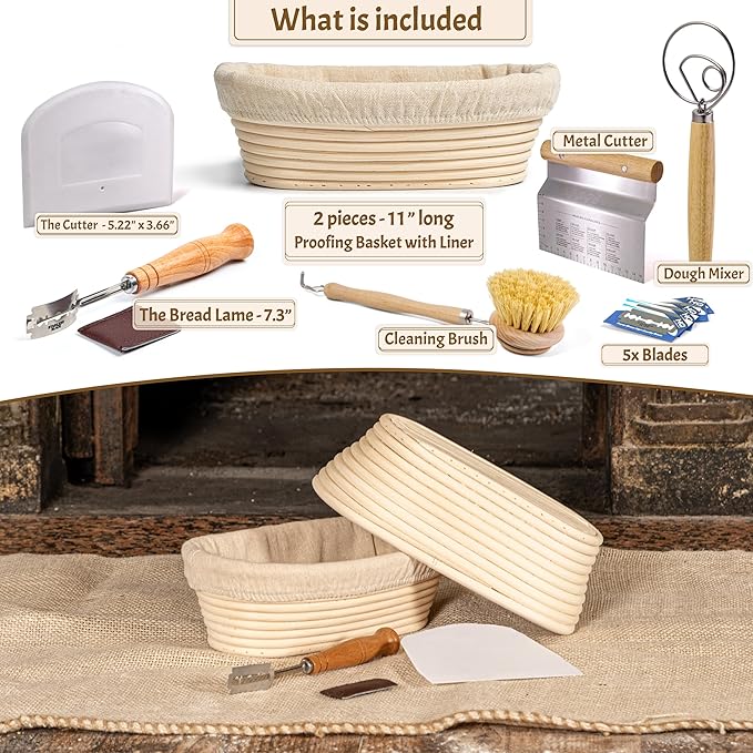 Sourdough Bread Baking Supplies Kit – Extra-Large 11” Oval Banneton Proofing Basket Set of 2 with Linen Liners, Bread Lame, Danish Whisk & Dough Scrapers – Ideal for Family-Size Loaves