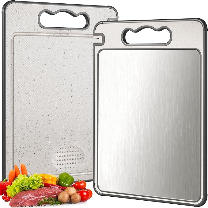 Stainless Steel Cutting Board,2-in-1 Cutiing Board Stainless Steel & Wheat Straw PP,Double Sided Chopping Board for Kitchen,Anti-Slip Silicone Edges,Juice Groove,Dishwasher Safe(Grey,14.4"L*9.8"W)