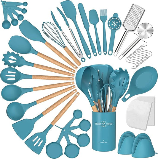 Silicone Cooking Utensils Set, 43Pcs Non-Stick Heat Resistant Kitchen Utensils Spatula Set with Wooden Handle for Baking, Cooking, and Mixing, Best Kitchen Gadgets Tools with Holder (Dark Blue)