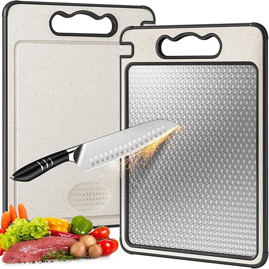 Double Sided 304 Stainless Steel & Wheat Straw Cutting Board, 14.4"*9.8" Non Toxic Lightweight Chopping Board, Separately Handle Meat and Vegetables, Dishwasher Safe, Scratch Resistant Mesh Design