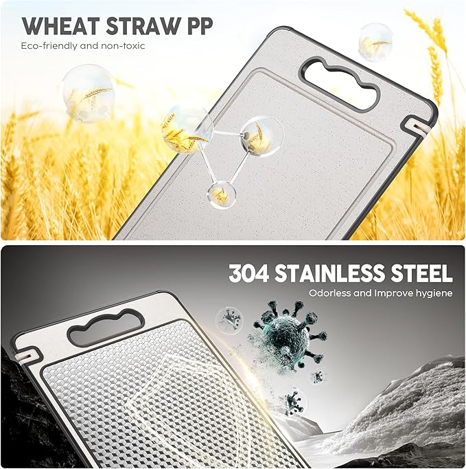 Double Sided 304 Stainless Steel & Wheat Straw Cutting Board,Non Toxic Lightweight Chopping Board, Dishwasher Safe,Scratch Resistant Mesh Design,3Pcs Cutting Board Set 16"*11"(1pack)&14.4"*9.8"(2pack)