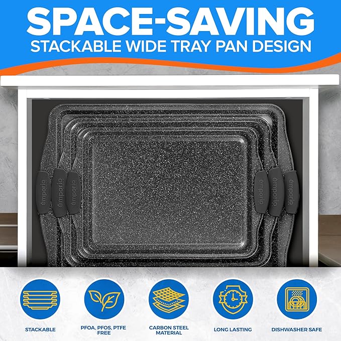 Baking Pan Set - Nonstick Coating, Carbon Steel Bakeware Sets with Gray Silicone Handles, PFOA, PFOS, PTFE Free, Recipe Booklet Included, Oven Safe Tray (Up To 450° F), Set of 3 - Gray