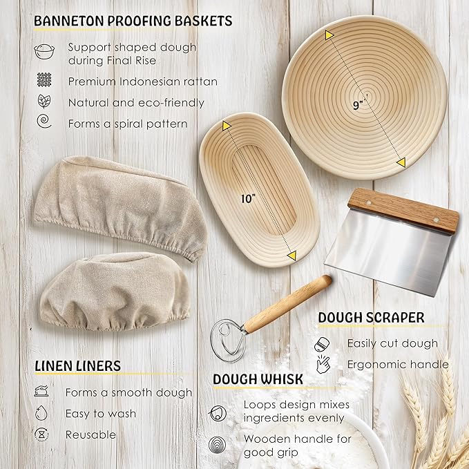 Bread Proofing Box & Sourdough Kit, Sourdough Proofing Box & Starter Kit, Bread Making Tools & Supplies, Sourdough & Dough Proofer, 2 Banneton Basket, Lame, Scraper, Whisk, Pastry Brush, Baking Tools
