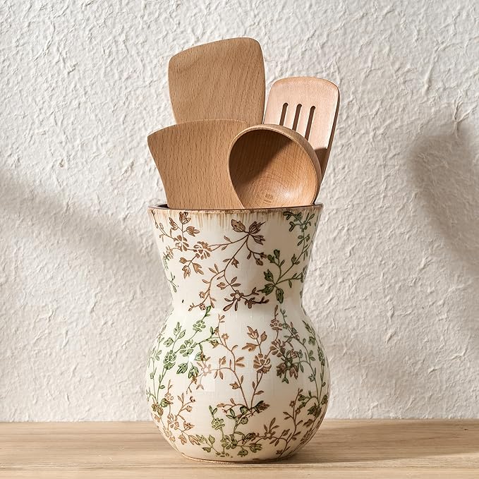 JIEMEI HOME Kitchen Utensil Holder for Countertop, 7.56" Ceramic Large Rustic Utensil Crock, Farmhouse Cooking Tool Organizer, Spatula Holder For Kitchen Decor, Green and Brown Floral
