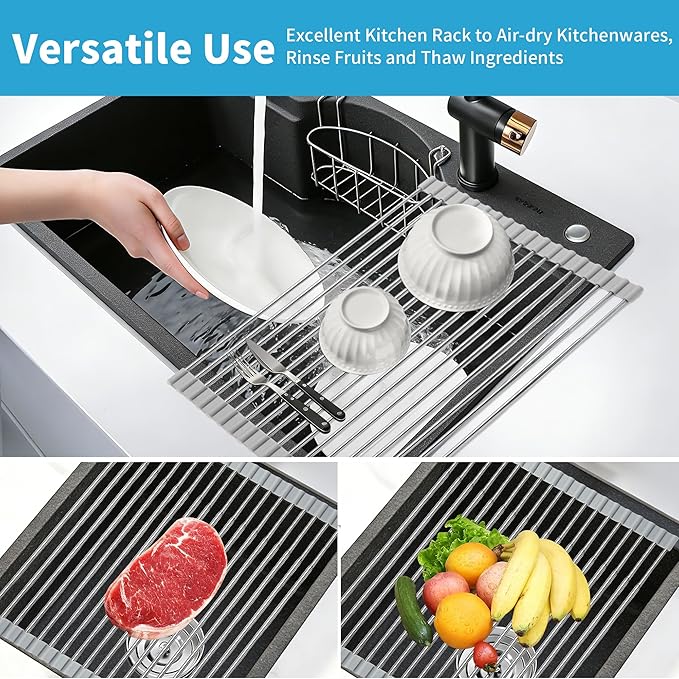 Expandable Roll-UP Dish Drying Rack-Large 304 Stainless Steel Dish Drainer Over The Sink for Kitchen Countertop,Extendable for Most Kitchen Sinks (Silver,22.08'x 13.2')