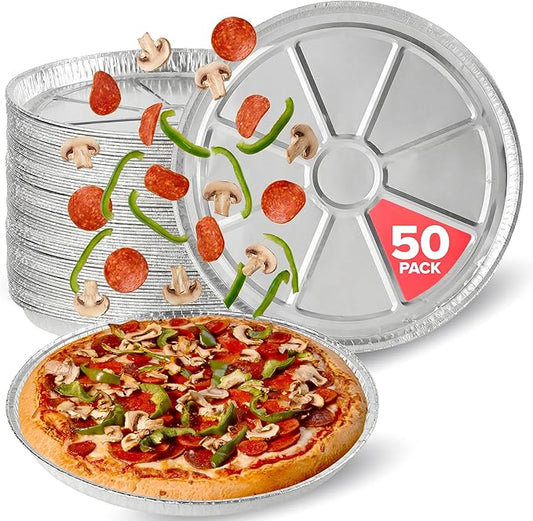Stock Your Home 12 Inch Aluminum Pizza Pans Disposable (50 Pack) Round Foil Focaccia Pan for Individual Personal Pizzas, Giant Size Chocolate Chip Cookie Cake Tin, Large Serving Trays, Platter Tray