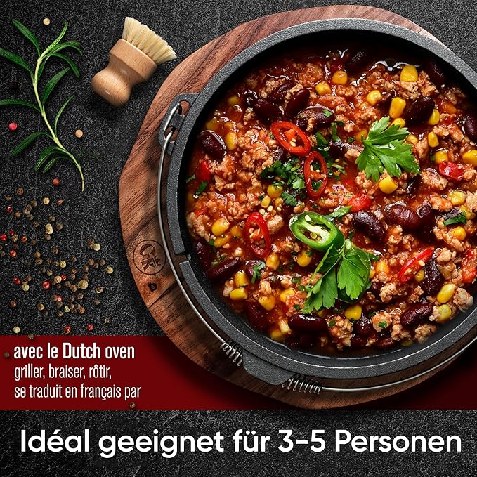 Pre-Seasoned Dutch Oven Set - 7 Quart Cast Iron Dutch Oven Pot with Lid, Fire Pot with Feet for Bread Baking & Cooking - Includes 2-in-1 Lid Lifter, Brush & Recipe Book [for 3-5 People]