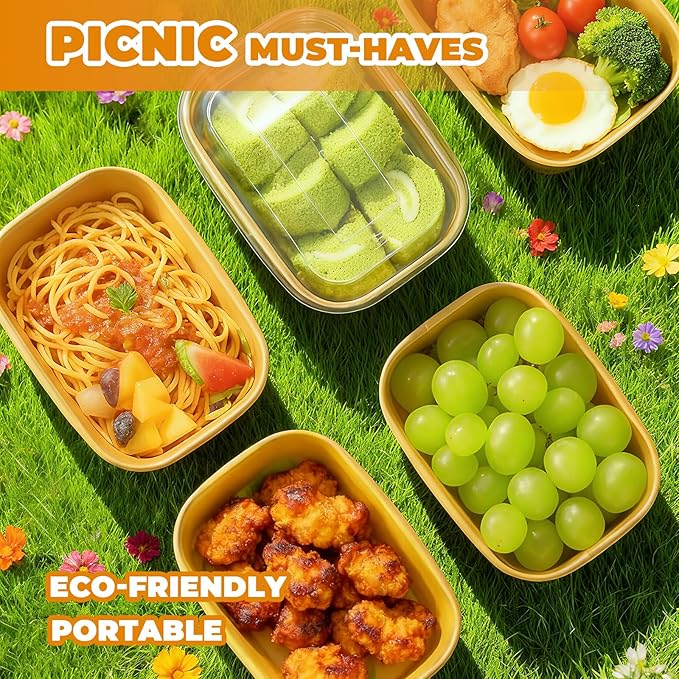 50 Pack 32 OZ Large Paper Bowls with Lids【with Spoons and Forks】, Heavy Duty Disposable Meal Prep Containers for Party, Disposable Bowls Bulk Soak-Proof and Microwave Safe for Hot/Cold Use