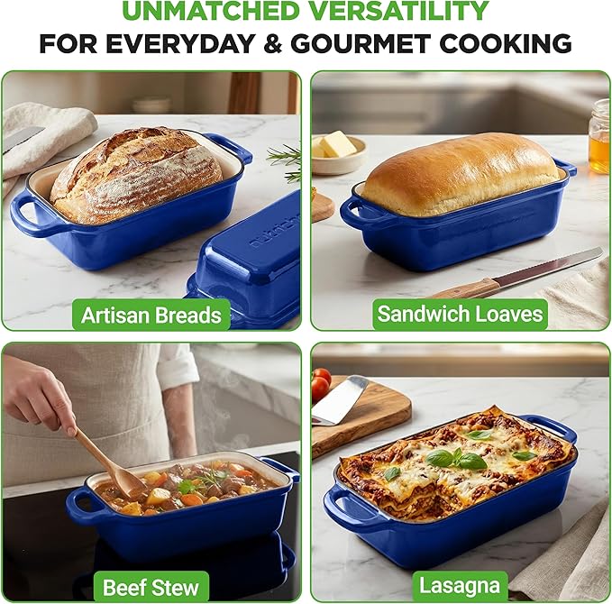 NutriChef 9x5" Enameled Cast Iron Loaf Pan with Lid, Enamel-Coated Baking Loaf Pan for Sourdough, Oven Safe, Nonstick Bread Pan with Silicon Gloves, Dishwasher Safe, Blue
