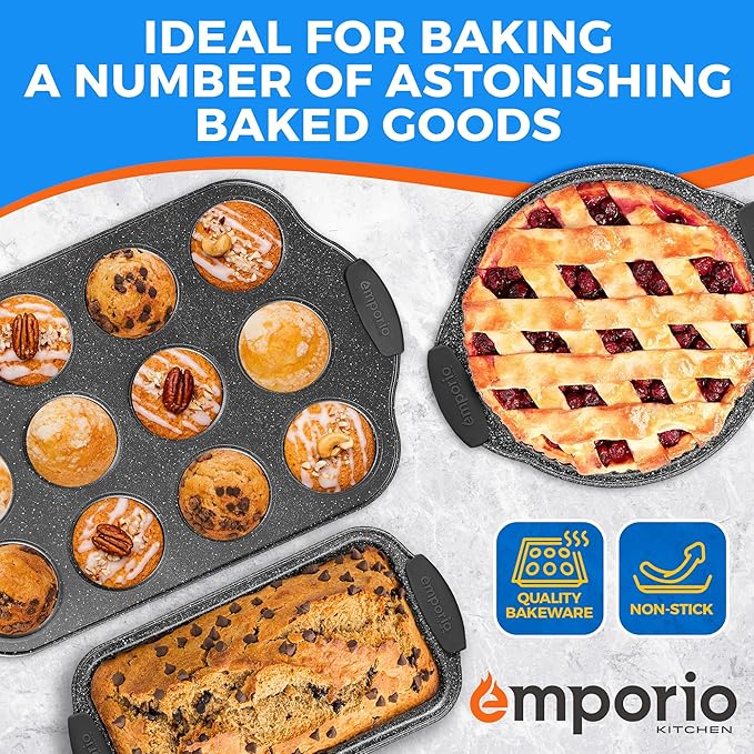 Baking Pan Set - Nonstick Coating, Carbon Steel Bakeware Sets with Gray Silicone Handles, PFOA, PFOS, PTFE Free, Recipe Booklet Included, Oven Safe Tray (Up To 450° F), Set of 6 - Gray